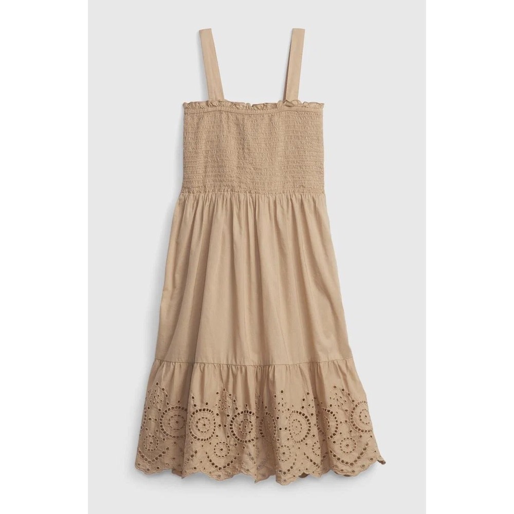 GAP Kids Girls Beige Smocked Eyelet 100% Cotton Dress Medium Embroidery Sundress